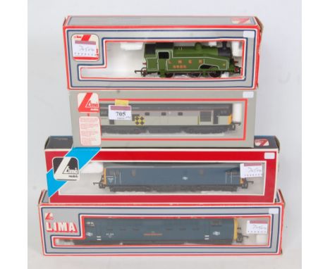 Four Lima locos:- LNER green tank loco no. 8920 (box missing window) (G-BP), BR blue Bo-Bo diesel no. 73108, BR blue "Royal S