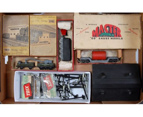 Tray of mixed mainly Trix items, wooden two road engine shed good for age (G), Weltrol wagon with boiler load (G-BG), breakdo