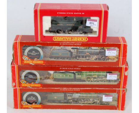 4 Hornby locomotives 0-6-0 half cab pannier tank engine (G-BG), LNER green 'Flying Scotsman' (G-BF), BR green Britannia class