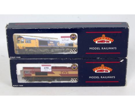 Bachmann 32-725 class 66 diesel locomotive EWS red/yellow (G-VF) together with 32-727 class 66 GBRF blue/yellow (G-BF), both 