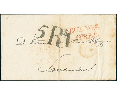 CubaOutgoing Mail1843, Jan. 5. Entire letter from Havana to Santander (Spain), erroneously postmarked with red "Buenos/Ayres"