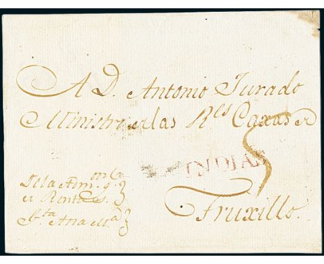CubaOutgoing Mail1810 circa. Cover front from Havana to Trujillo (Honduras), bearing small "Indias" straight-line handstamp o