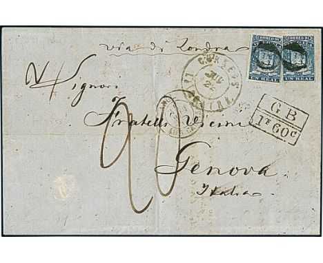 Venezuela1859, 1r. blue, fine printing, two examples showing complete to large margins, used on 22 July 1861 entire letter fr