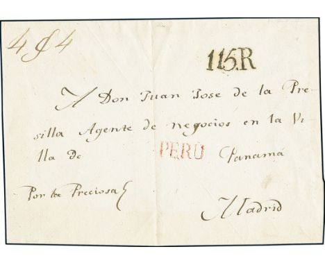 PanamaTransit Mail1810 circa. Large cover front from Lima to Madrid, with "Perù" straight-line handstamp (Sitjà type II) on d