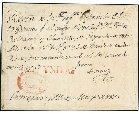 Louisiana1803, May 21. Ship's register cover from New Orleans to Bordeaux, bearing fine strikes in red of "Yndias" straight-l