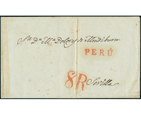 PeruOutgoing Mail1839, July 31. Entire letter from Lima to Seville (Spain), graced by magnificent strike of "Perú" straight-l