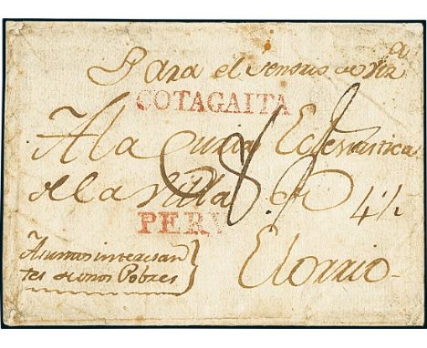 BoliviaOutgoing Mail1800 circa. Folded cover from Cotagaita (then belonging to the Virreinato del Perú), with very fine strik