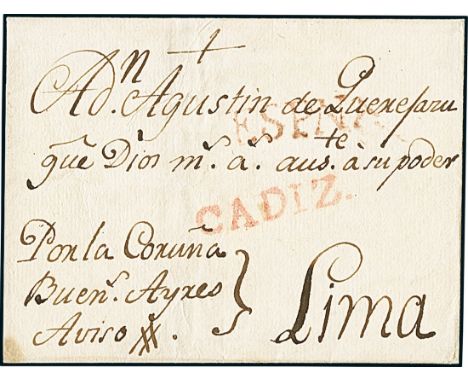 PeruIncoming Mail1790 circa. Folded cover from Cádiz to Lima, denoting the route with "Por la Coruña-Buens. Ayres" endorsemen