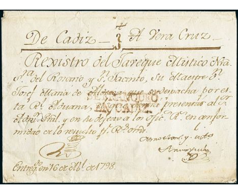 MexicoIncoming Mail1798, April 16. Ship's register envelope from Cádiz to Veracruz of the Spanish "Nuestra Señora del Rosario