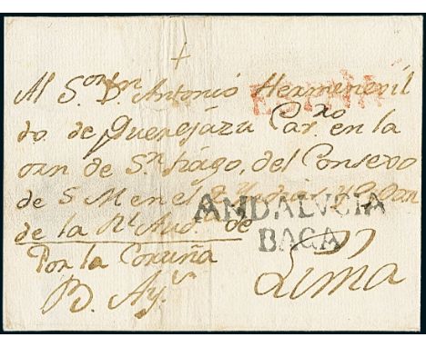 PeruIncoming Mail1780 circa. Undated folded cover from Málaga (Spain) to Lima, forwarded via Corunna and not through the clos