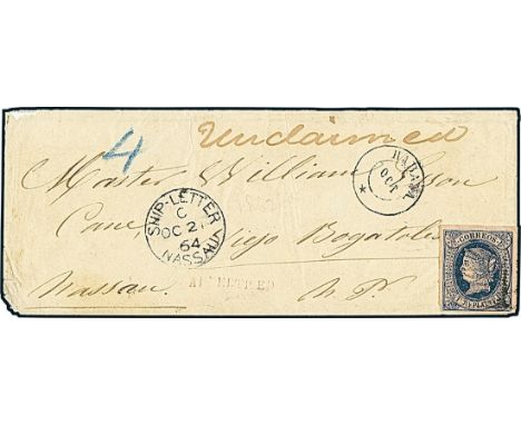 Cuba1864, 1r. blue on salmon, ample to large margins, cancelled by faint strike of oval grid on October 1864 envelope from Ha
