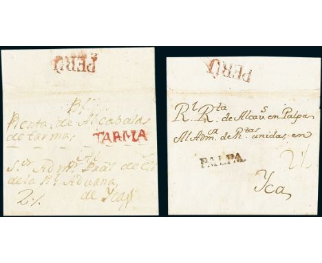 PeruInternal Mail1800 circa. Two covers (side flaps missing) from Tarma and Palpa, both sent to Yca, rated "2½" reales as per