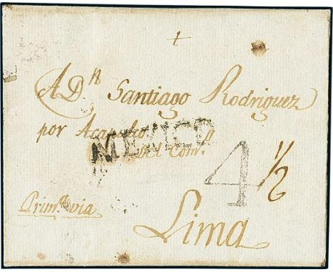 MexicoOutgoing Mail1809, Oct. 15. Entire letter from Mexico to Lima (Peru), with "4" rate marking, altered for the addition o