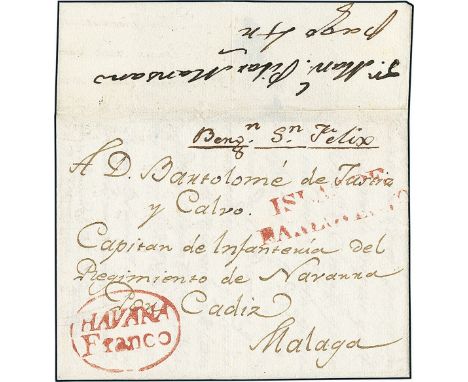 CubaOutgoing Mail1813, Aug. 9. Undated cover from Havana to Málaga (Spain), including full contents inside, carried by the "S