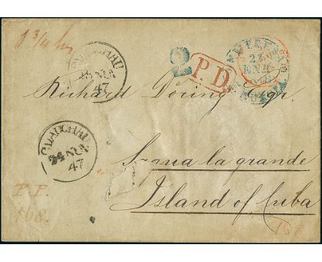 Germany1847, Nov. 24. Cover via Havre (France) to Sagua (Cuba), with two dispatch c.d.s.'s, manuscript "1 ¾" silbergroschen a