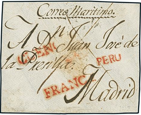 PeruOutgoing Mail1812 circa. Prepaid cover front from Cuenca to Madrid, attractively handstamped by three postmarks including