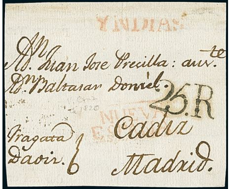 MexicoOutgoing Mail1820 circa. Cover front from Veracruz to Madrid, with involvement of the frigate "David", handstamped in V