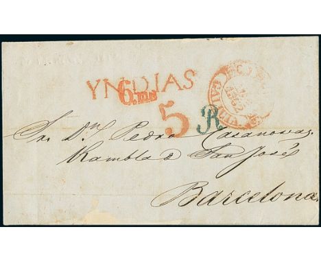 CubaOutgoing Mail1852, June 28. Folded cover from Trinidad of Cuba to Barcelona, displaying straight-line "Yndias" handstamp 