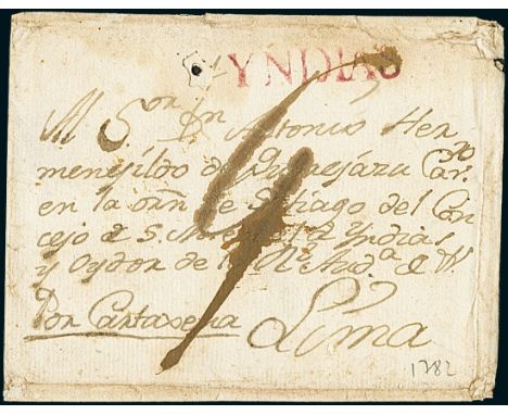 CubaOutgoing Mail1782 circa. Folded cover from Havana to Lima, leaving Cuba after the application of red "Yndias" straight-li