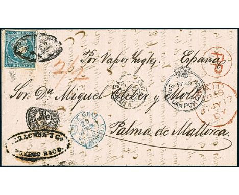 Puerto RicoBritish Post OfficeSan Juan1858, June 26. Entire letter to Palma de Mallorca (Spain), bearing 1857 ½r. greenish bl