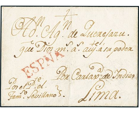 PeruIncoming Mail1782, July. Cover from Spain to Lima, bearing "España" postmark (Kouri type VIII) applied in Cádiz. The manu