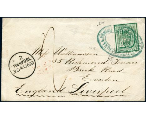 Uruguay1866, 10c. green, London Printing, good margins, paying the Uruguay portion of postage at double rate on envelope from
