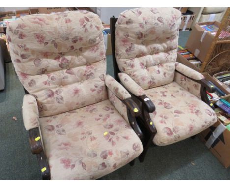 PAIR OF STAINED WOODEN FRAMED ARMCHAIRS WITH BUTTON BACK UPHOLSTERY.