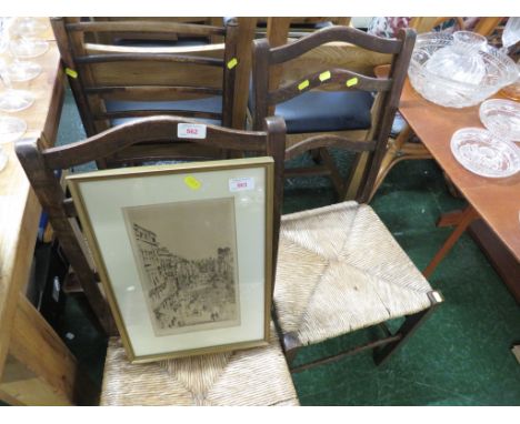 PAIR OF OAK FRAMED LADDER BACK SIDE CHAIRS TOGETHER WITH ONE OTHER RUSH WOVEN SEAT.