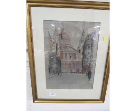 AFTER CECIL ALDIN - COLOUR PRINT OF ST PAULS CATHEDRAL GLAZED AND IN A GILT FRAME.