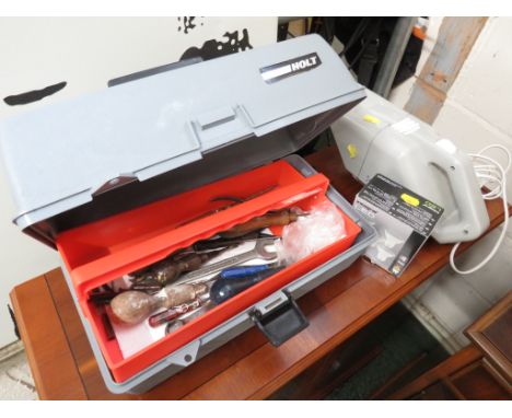 GOBLIN HAND VACUUM, A TOOL BOX WITH HAND TOOLS, AND LED LIGHT BULBS.