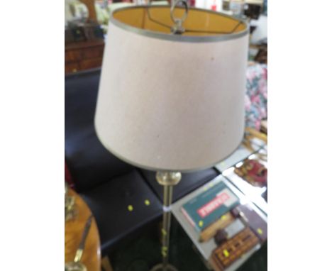 BRASS EFFECT FLOOR STANDING ELBOW LAMP WITH SHADE.