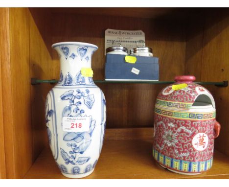 PAIR OF ROYAL WORCESTER EGG CODDLERS , A VASE AND A DAMAGED CHINA JAR.