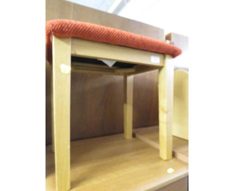 LIGHT OAK DRESSING TABLE STOOL WITH UPHOLSTERED SEAT.