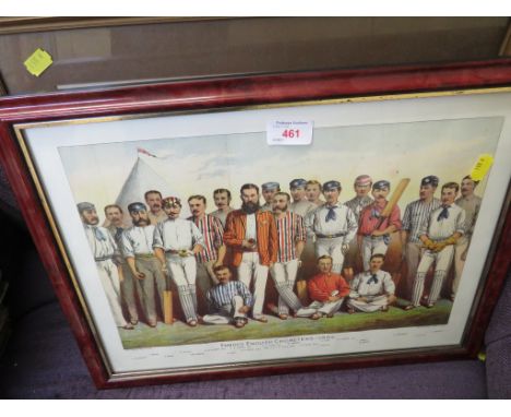 FAMOUS ENGLISH CRICKETERS 1880 PRINT, AND FOUR FRAMED AND GLAZED ENGRAVINGS