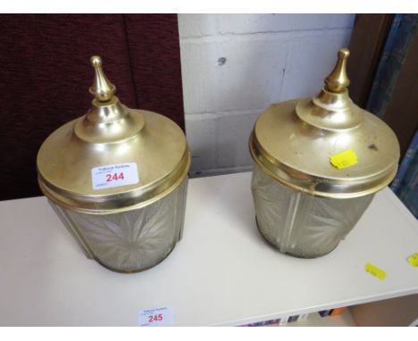 TWO OUTDOOR GLASS LIGHT SHADES.
