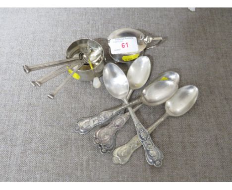 SILVER MUSTARD (1.3 OZT) WITH BLUE GLASS LINER, A SILVER SALT (1.2 OZT), FIVE SILVER COFFEE SPOONS (COMBINED 1.4 OZT), A SILV