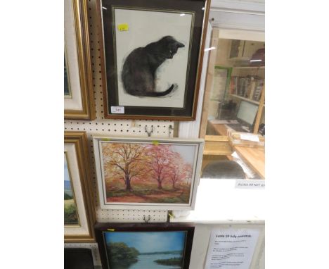 TWO OIL ON BOARDS SIGNED PIPER - A LAKE SCENE AND AUTUMNAL TREES, AND A FRAMED AND GLAZED PRINT OF A BLACK CAT