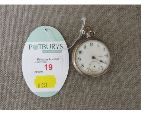 OPEN FACE POCKET WATCH WITH ENAMEL DIAL AND ARABIC NUMERALS, 800 IMPORTED WHITE METAL CASE