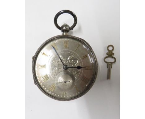 ENGRAVED SILVER AND GILT OPEN FACE POCKET WATCH, KEY WINDING, ENGRAVED AND ENGINE TURNED DIAL WITH ROMAN NUMERALS AND SUBSIDI