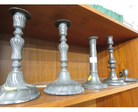 PEWTER - A PAIR OF WRYTHEN BALUSTER CANDLESTICKS, ONE WITH CROWN X MARK, ONE BALUSTER CANDLESTICK, ONE CLASSICAL COLUMN STICK