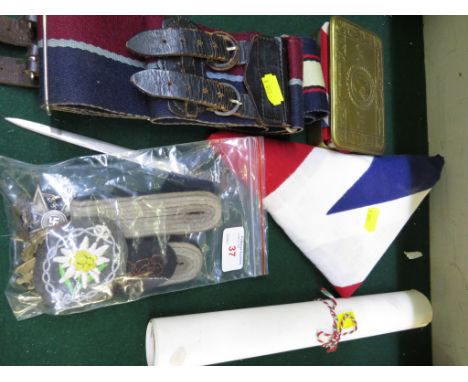 1914 GIFT TIN (NO CONTENTS), TWO UNION JACKS, THIRD REICH BADGE AND OTHER BADGES, CLOTH BELTS, PAPER KNIFE AND PRINT OF PLESS