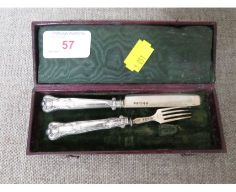 VICTORIAN SILVER CHRISTENING KNIFE AND FORK (A/F) IN LEATHER CLAD CASE