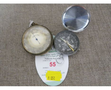 POCKET BAROMETER IN BRASS CASE, AND A LATE TWENTIETH CENTURY POCKET MAGNETIC COMPASS