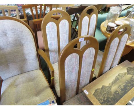 SET OF FOUR UPHOLSTERED LIGHT WOOD DINING CHAIRS, TOGETHER WITH ONE OTHER CARVER DINING CHAIR.