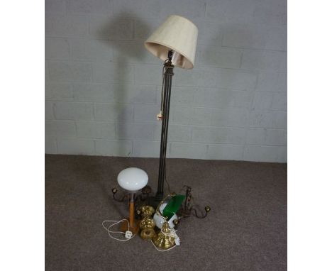 A modern standard lamp with cluster column pillar, together with three modern table lamps and a pair of hanging light fitting