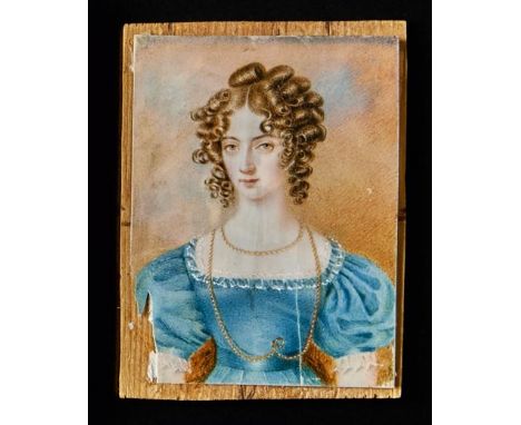 MiniaturportraitEngland, Anf. 19. Jh.Halbfiguriges Bildnis einer jungen Frau mit Locken in blauem, spitzenverziertem Kleid mi