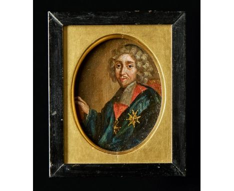 Portrait eines GeistlichenUm 1700Halbfiguriges Bildnis eines Mannes in Robe mit Beffchen und Orden. Öl/Messingblech. 6,3 x8,3