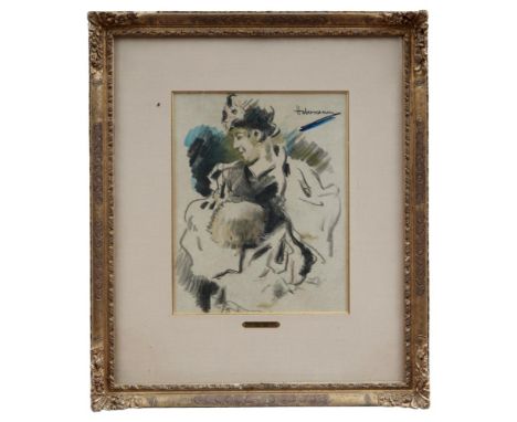 Habermann, Hugo Freiherr vonBildnis einer Frau mit Muff(Dillingen 1849-1929 München) Farbkreidezeichnung/ Papier. Rechts oben