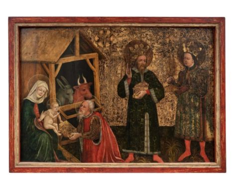 Gotisches Tafelbild mit Anbetung des Jesuskindes durch die Heiligen Drei KönigeKölner Meister, E. 15. Jh.Neben dem Stall mit 