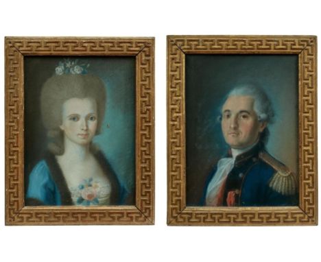 Portraitpendants eines EhepaarsFrankreich, E. 18. Jh.Büsten einer Dame und eines Herren in Offiziersuniform. Pastell/Papier. 